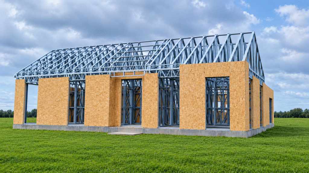 Partially constructed house with metal frame and wooden panels.