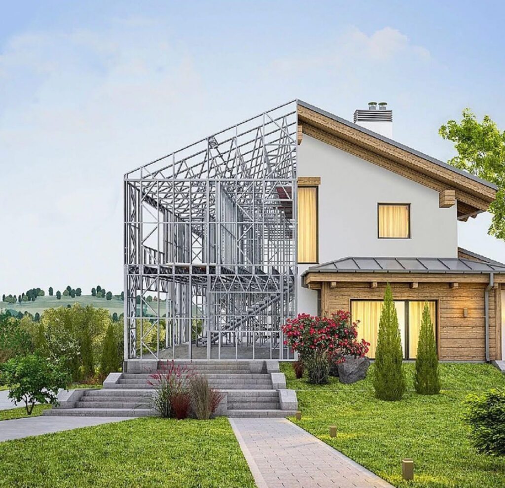 Light steel frame house under construction, front elevation