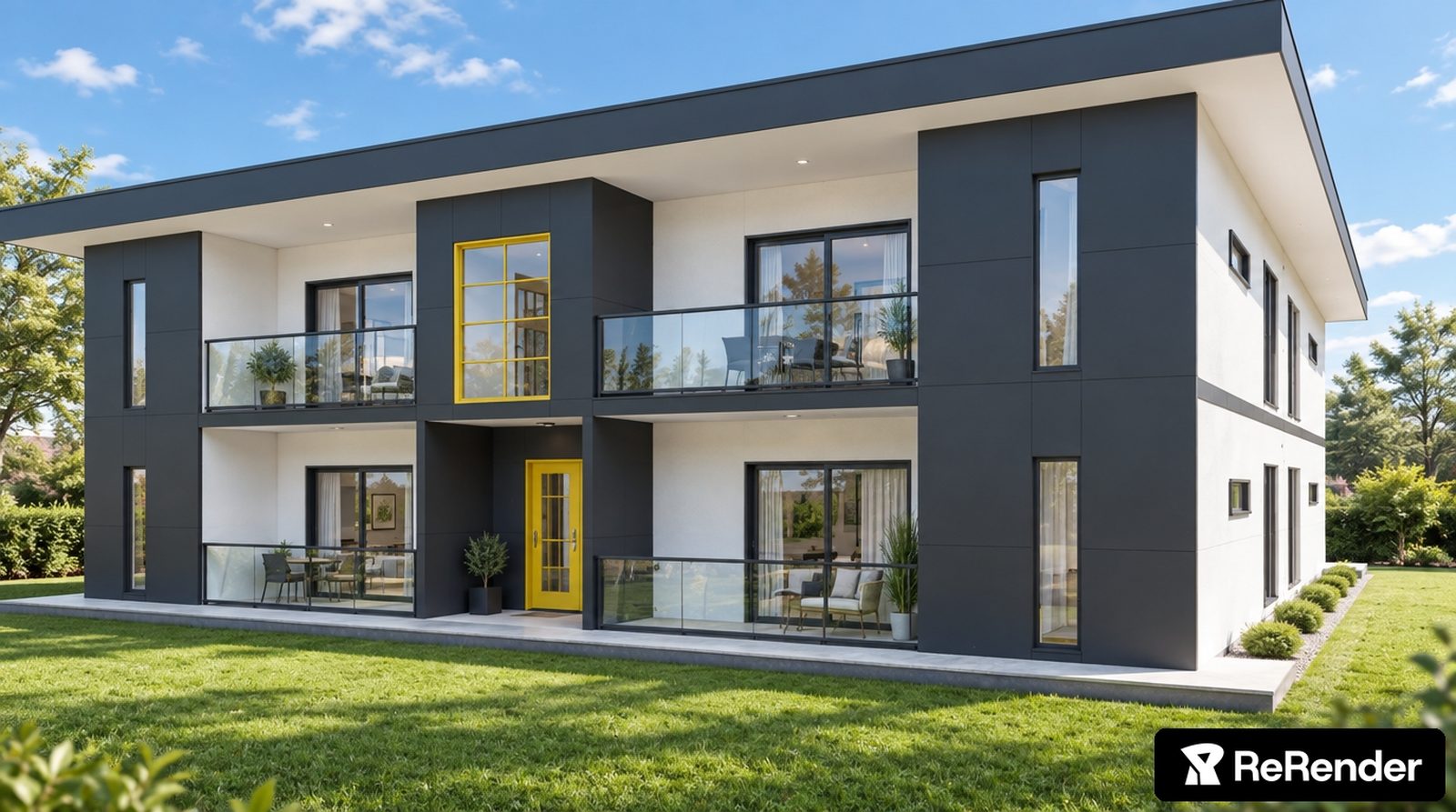 Render of the 8-unit apartment block, angled front view with a yellow entrance and glass balcony railings